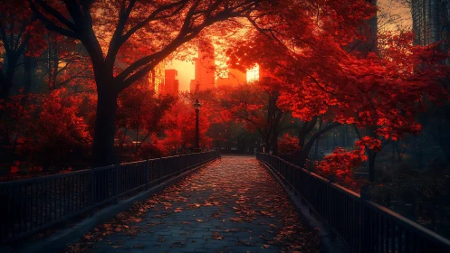 Urban park pathway crosses under dense red autumn canopy