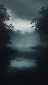Nocturnal misted river corridor under storm-laden sky.
