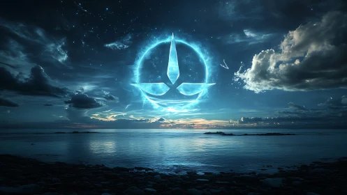 Cosmic blue sigil burning above tranquil ocean horizon.