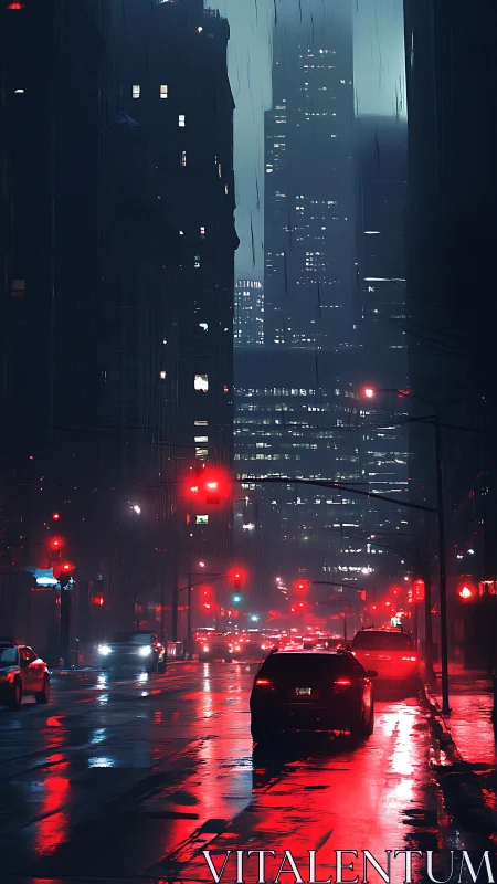 Rain-soaked city avenue glows under red traffic lights