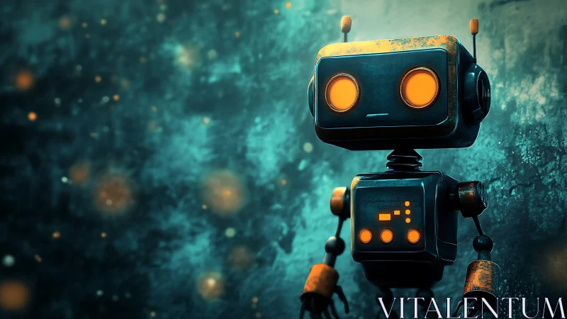 Glowing-eyed retro robot stands in bokeh-lit industrial haze