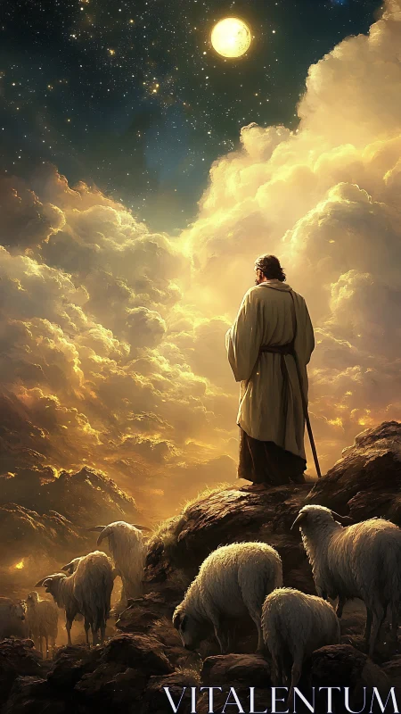 Shepherd with flock under moonlit sky and dense clouds.