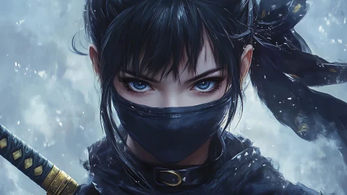 Masked ninja girl stares through snow with icy resolve