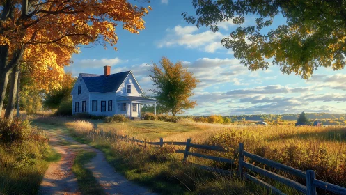 Autumn farmhouse overlooks sunlit rural meadow and sky.