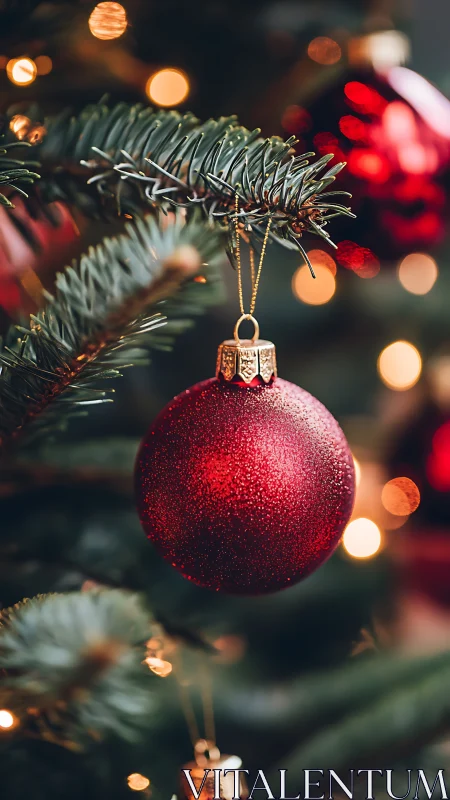 Cozy red ornament glowing softly on a festive tree branch.