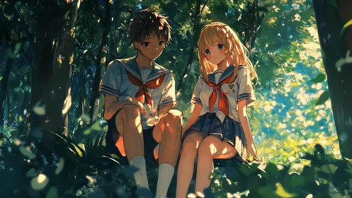 Two students sit in dappled forest light wearing uniforms