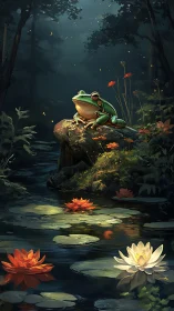Green frog on mossy rock above lily pond in dim forest.