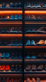 Organized sneaker shelves under blue and orange lighting.