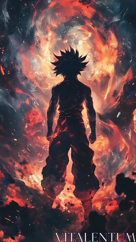 Fiery warrior silhouette stands calm within swirling cosmic flame