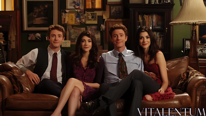 Symmetrical twin couples sit relaxed on vintage leather sofa.