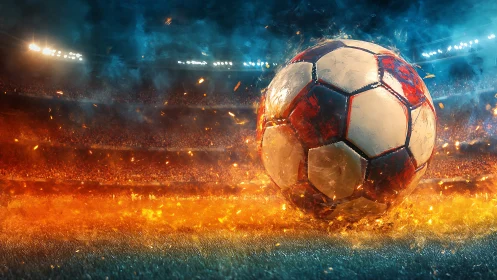 Burning soccer ball collides with turf under stadium floodlights