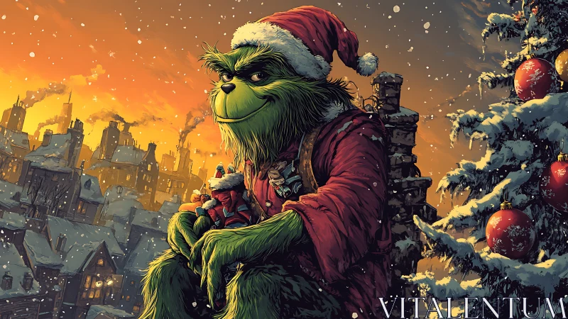 Digital painting of green Christmas trickster on snowy rooftop.