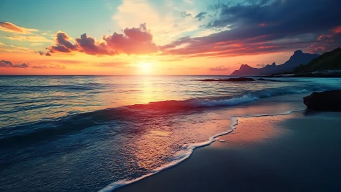 Sunset light reflects on coastal waves and distant headlands