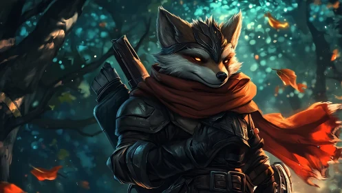 Fox ranger warrior in ember scarf patrolling autumn forest.