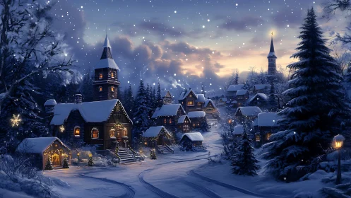Digital painting of illuminated alpine winter village at dusk.