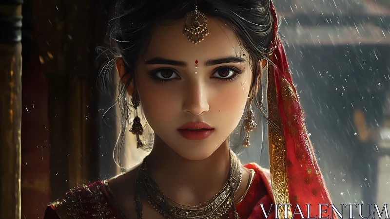 Rainlit bridal portrait glows with intense, soulful gaze.