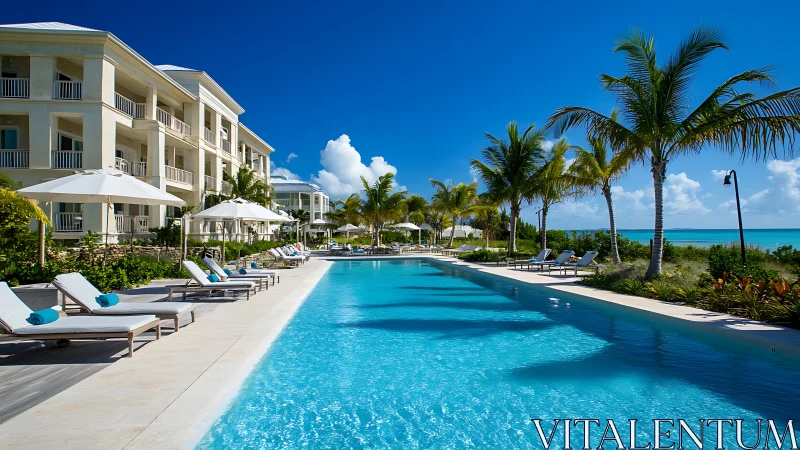 Luxe beachfront resort pool basks under radiant tropical skies