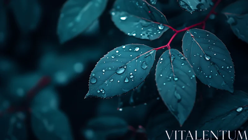 Close-up of wet blue-green leaves with red stems at night.