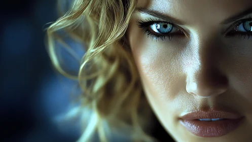 Intense blue-eyed digital portrait radiates cool dramatic focus