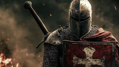 Armored medieval knight stands with sword and shield