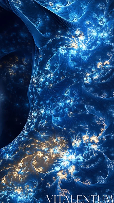 Fractal blue and gold light forms spiral clusters across frame