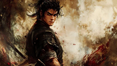 Samurai warrior stands in profile amid swirling painted dust