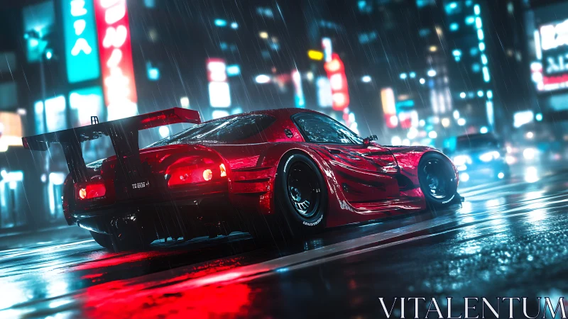 Sleek red street racer glows against neon city rain