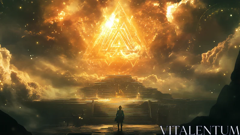 Ascendant traveler confronts blazing celestial triangle portal.