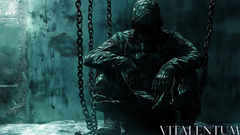 Camouflaged soldier in chains under cold cyan rim lighting.