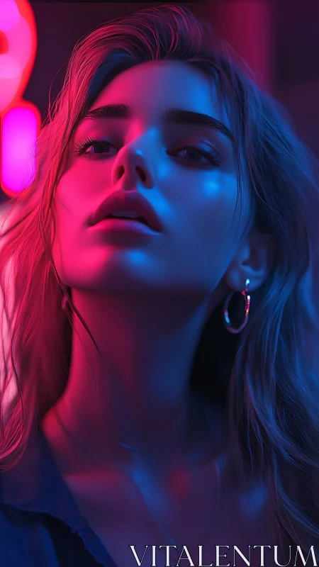 Woman’s face lit by contrasting neon blue and pink light