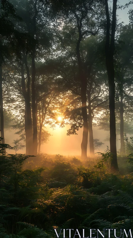Golden Sunrise Breaking Through an Ancient Forest Canopy