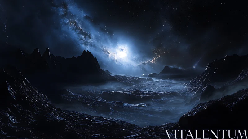 Moonlit alien shoreline under a swirling star river.