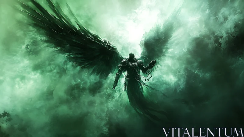 Stormborn winged guardian rising through emerald mist.
