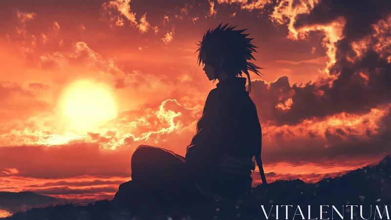Anime silhouette at sunset with cinematic backlighting focus.