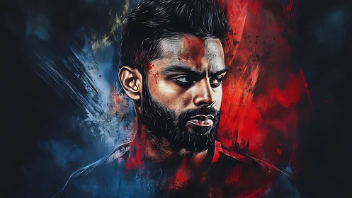 Digital portrait shows intense male face with red and blue paint