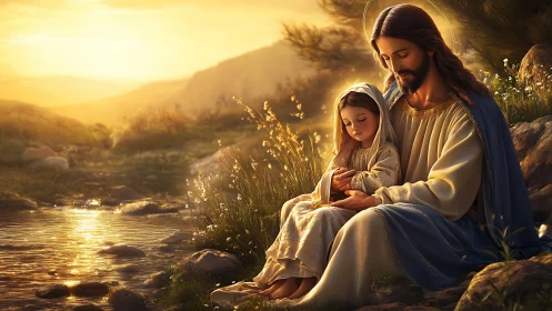 Religious figures sit by a reflective stream at sunset