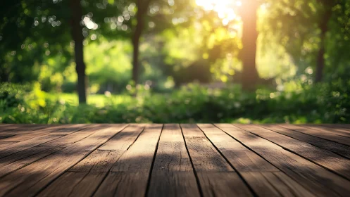 Wooden platform extending toward blurred forest with morning sunlight