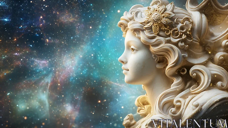 Celestial Muse in Marble Gazing into a Painted Cosmos.