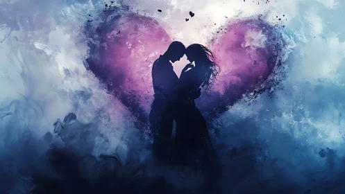 Couple silhouette embracing within heart-shaped purple pink light