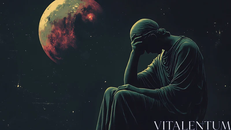 Moonlit statue grieves quietly beneath a bruised red planet