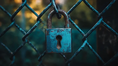 Weathered Padlock on Chain-Link Fence.