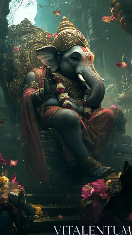 Divine elephant deity enthroned in ornate golden sanctuary.