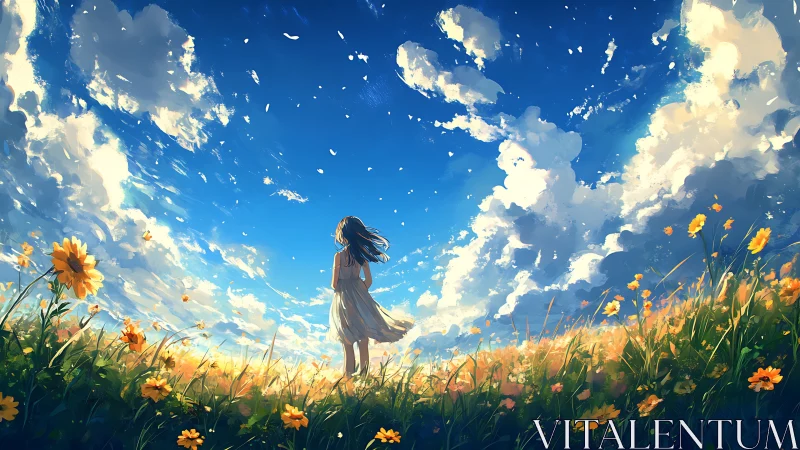 Girl in sundress contemplates vast cloud-swept summer sky