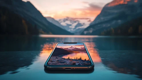 Smartphone mirroring alpine lake at vivid sunset reflection.