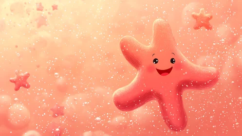 Smiling cartoon starfish character floats in bubbly liquid