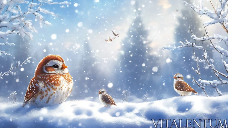 Whimsical owls in snowy winter forest, digital painting style.