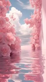 Soft pink roses frame a reflective water surface in ethereal light