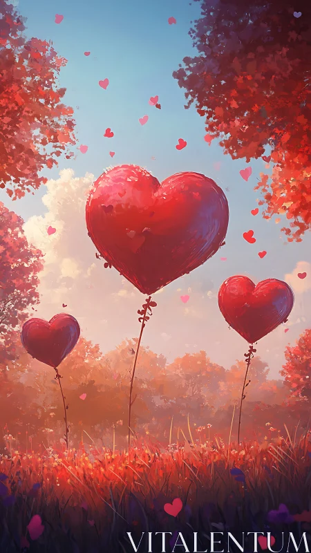 Red heart-shaped balloons floating above cultivated field landscape