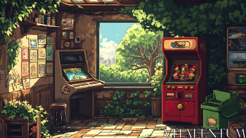 Sunlit retro arcade hideaway wrapped in gentle greenery.