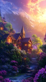 Mountain cottage at sunset with glowing warm windows.
